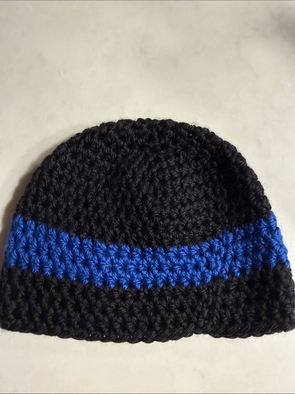 Police Handmade Black Kids Beanie with Blue Stripe and Pink Badge